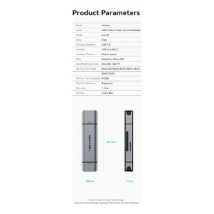 Считыватель флеш-карт Vention USB 3.0 AM/USB-C to SD+TF Gray Dual Drive Letter Aluminum Alloy (CLLH0)