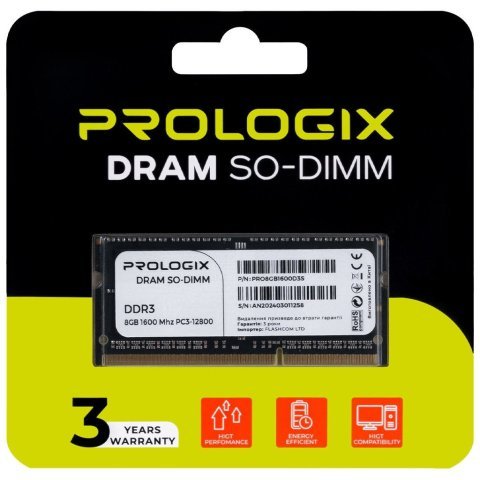 Модуль памяти для ноутбука SoDIMM DDR3 8GB 1600 MHz Prologix (PRO8GB1600D3S) - Нулевой остаток (Feed) - Нулевой остаток (Feed)