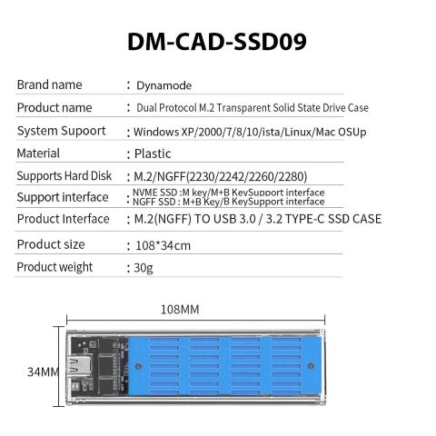 Карман внешний Dynamode M.2 SSD NVMe/SATA combo ч-з USB3.2 GEN2 Type-C (DM-CAD-SSD09) - Аксессуары к HDD  - Аксессуары к HDD 