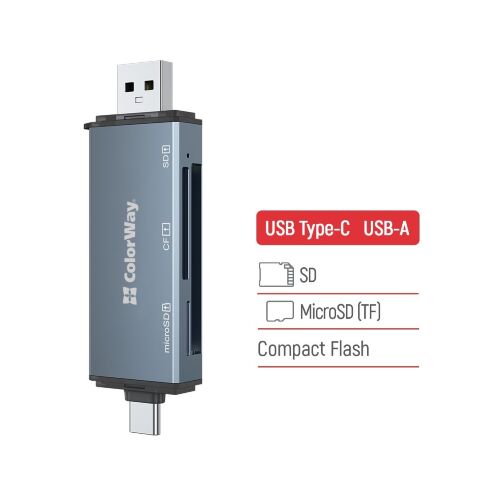 Считыватель флеш-карт ColorWay USB 2.0/USB-C to CF/SD/MicroSD (CW-CR-01) - Нулевой остаток (Feed) - Нулевой остаток (Feed)