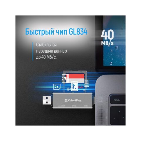 Считыватель флеш-карт ColorWay USB 2.0/USB-C to CF/SD/MicroSD (CW-CR-01) - Нулевой остаток (Feed) - Нулевой остаток (Feed)