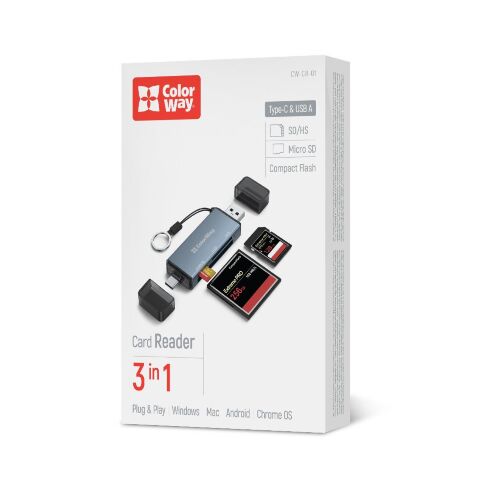 Считыватель флеш-карт ColorWay USB 2.0/USB-C to CF/SD/MicroSD (CW-CR-01) - Кардридеры  - Кардридеры 