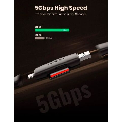 Считыватель флеш-карт Ugreen USB-C + USB to TF/SD 3.0 CM304 black (80191) - Нулевой остаток (Feed)  - Нулевой остаток (Feed) 