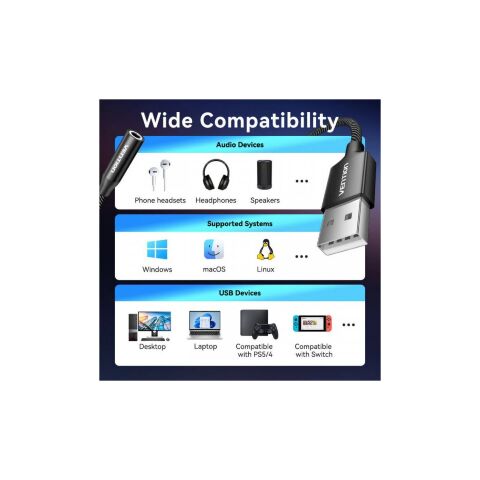 Звуковая плата VENTION USB AM to 3.5mm F 0.25m (4pin) 96kHz/24bit DSP noise reduction (CVEBC) - Нулевой остаток (Feed)  - Нулевой остаток (Feed) 