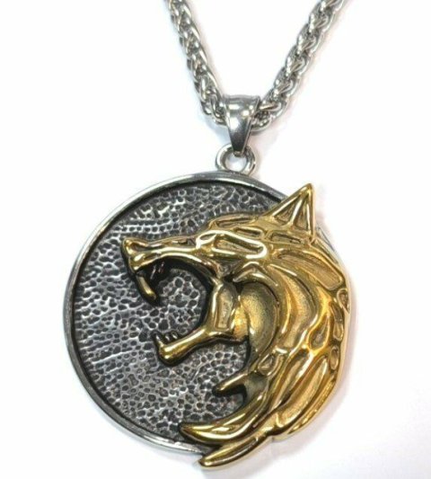 Кулон Геральта медальон 3D Ведьмак (The Witcher Geralt) с нержавеющей стали с рунами (золотой волк) - -